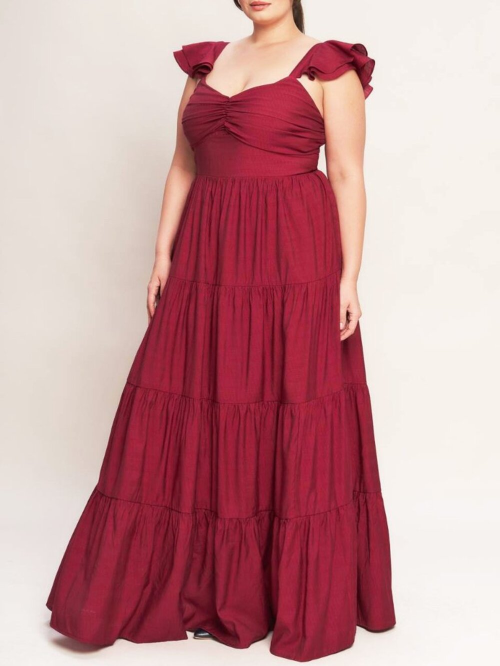 Burgundy Flutter Sleeve Woven Tiered Formal Party Maxi Dress 18